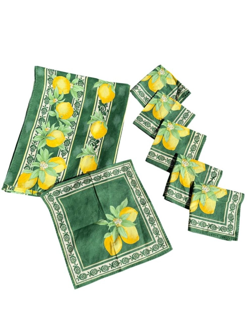 Vintage Green Lemon Tablecloth 6 Napkins Rectangle Citrus Fruit French Provencal